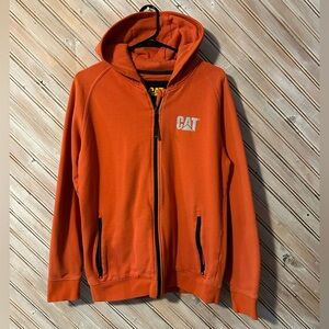 CAT Caterpillar Orange Grey High Visibility Zip-Up Hoodie Adjustable Strings